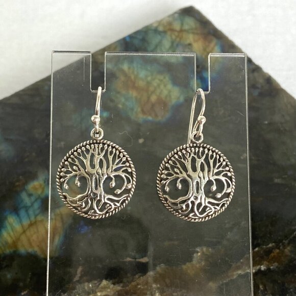 Sterling Silver 925 1.19" Round Openwork Filigree Tree Of Life Dangle Earrings - Picture 1 of 16